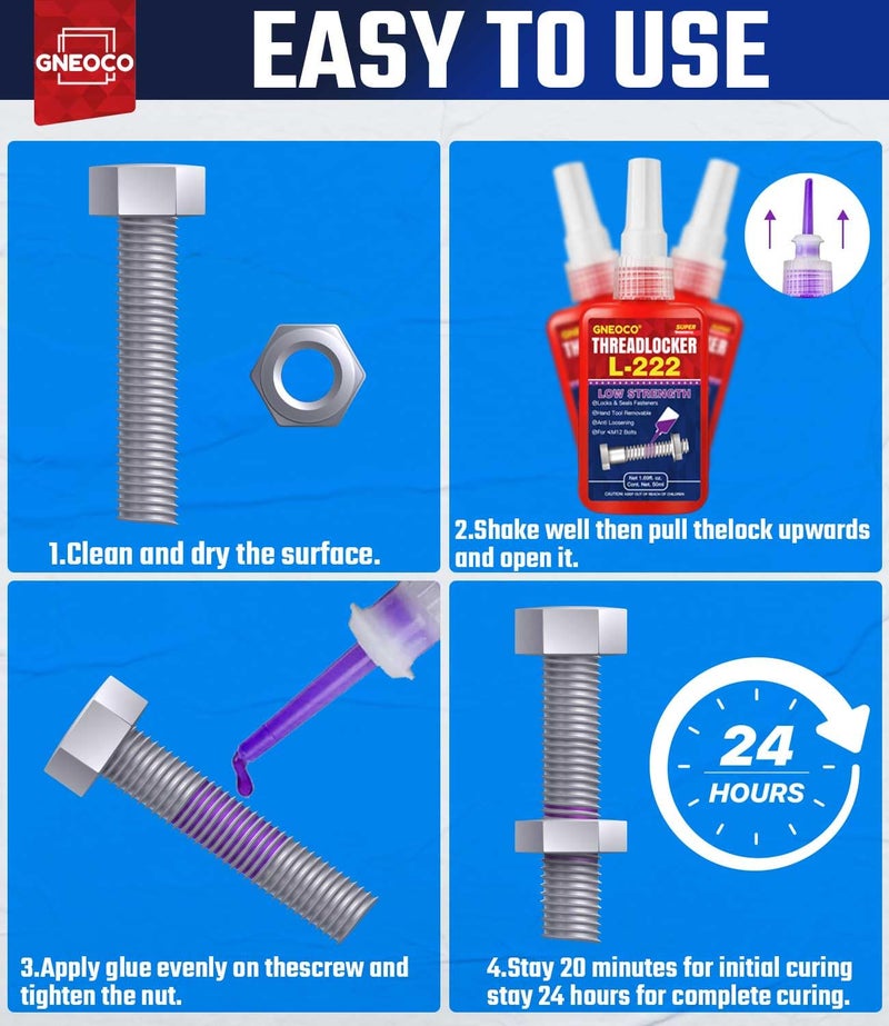 GNEOCO ThreadLocker Purple, Thread Lock Low Strength Lock Tight for Nuts, Bolts, Fasteners and Metals, Anaerobic Curing Metal Glue to Prevent Loosening and Corrosion (L222-50ml) - Image 4